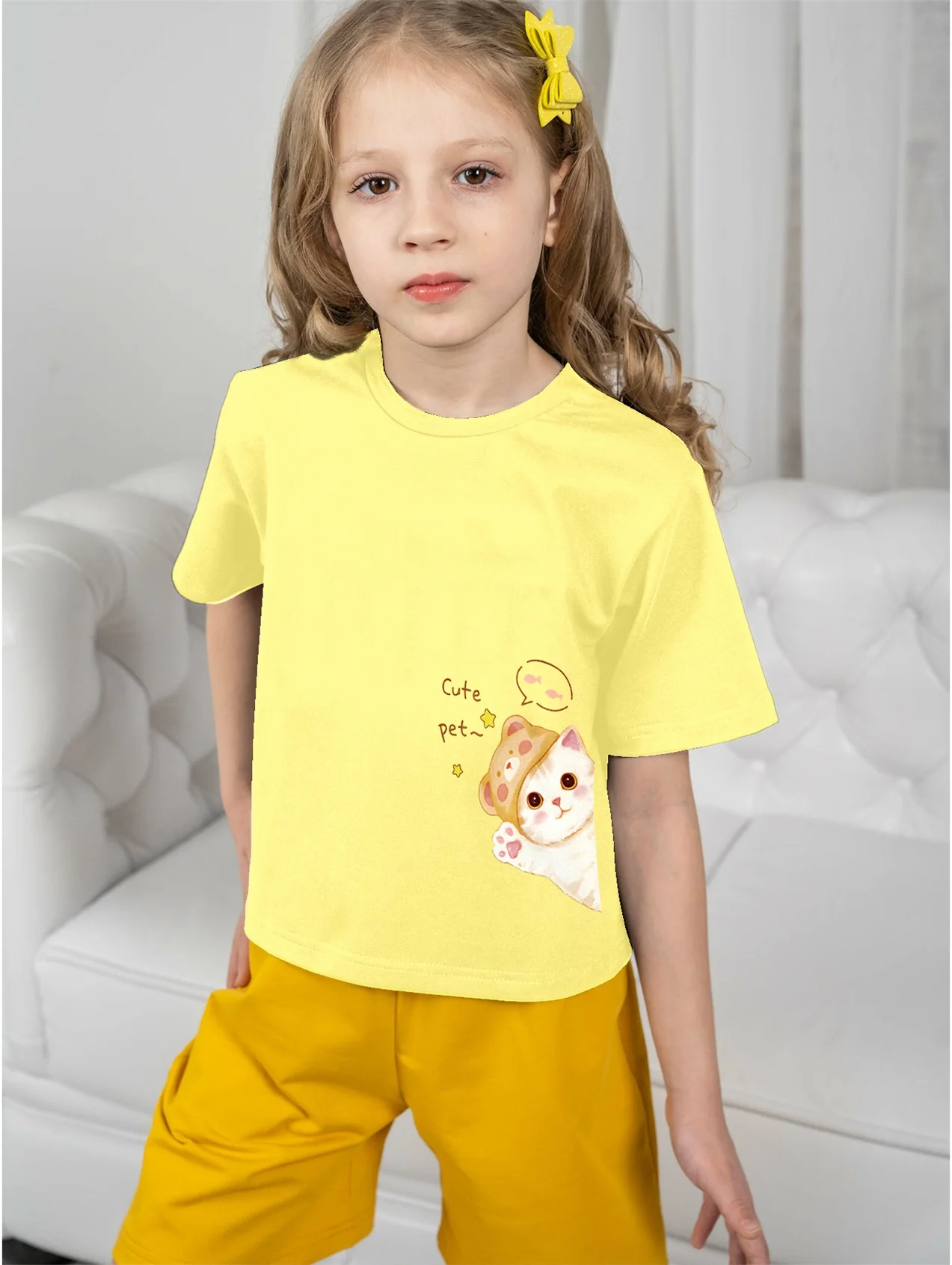 

5 To14 Years Girl Clothes Cute Pet Cat Print Yellow T-shirt Children's Clothing Kids Summer Short Sleeve Child Top T-shirts 2024