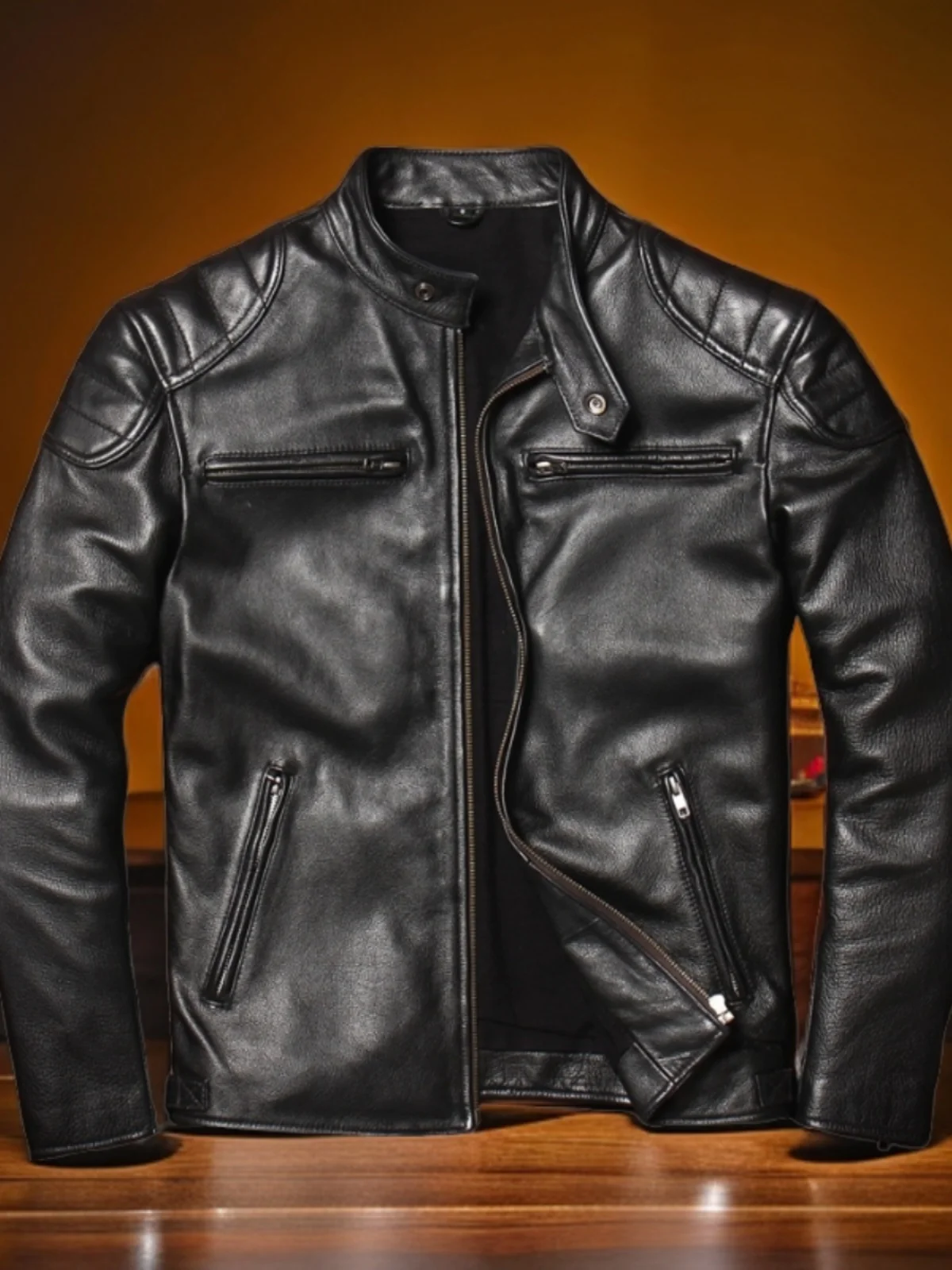 

Зимняя куртка из утолщенного хлопка и натуральной кожи (воловья кожа), мужская, с отложным воротником, повседневная, в корейском стиле, для мотоциклистов...