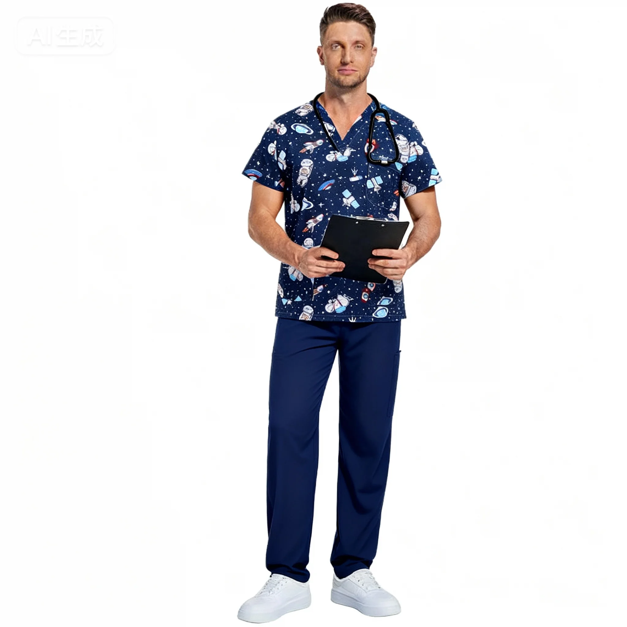 قمصان جديدة زي ممرضة طبية طباعة زي عيد الميلاد الأحمر الرجال الخامس الرقبة قصيرة الأكمام جيوب التمريض الدعك السريري #5