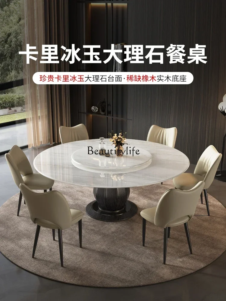 Natural Marble Dining Table and Chair Assemblage Zone Turntable Solid Wood round