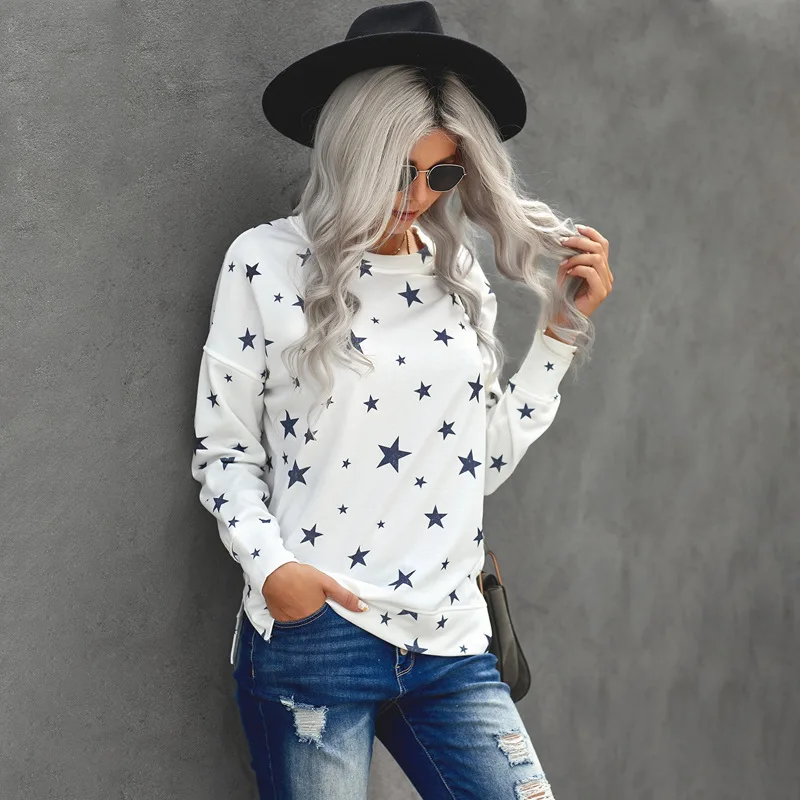 طويل Sve مطبوعة هوديي المرأة ربيع الخريف جديد جولة Ne فضفاض السيدات أعلى القطن الصوف مزيج النسيج مريحة تناسب #4