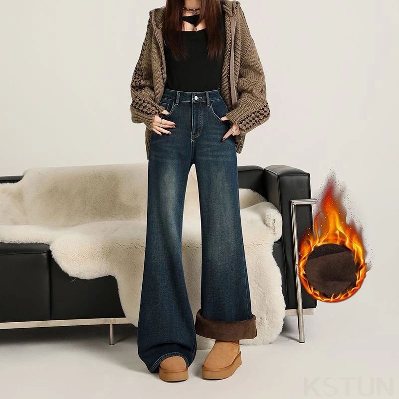 KSTUN 2025 Winter Women‘s Fleece Jeans Warm Straight Leg Flared Pants High Waist Bell Bottom Trousers Vintage Stretch Thicken