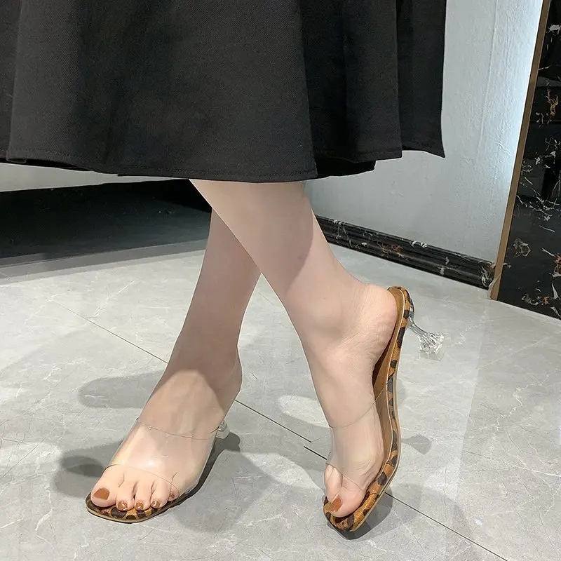 Summer luxury Women High Heels PVC Jelly Crystal Heel Transparent Women Sexy Leopard Clear High Heels sandals Size 34-42