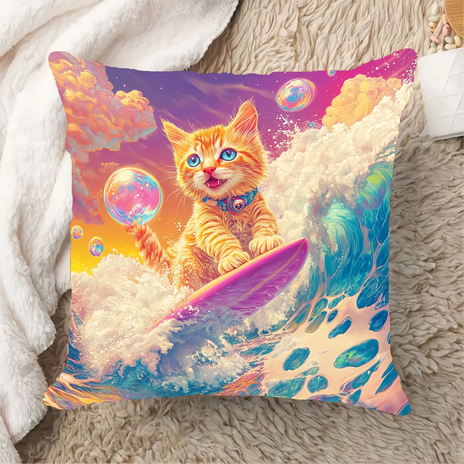 Cute Orange Kitten Surfing Rainbow Wave Throw Pillow Cushion for Sofa Home Decor Gift