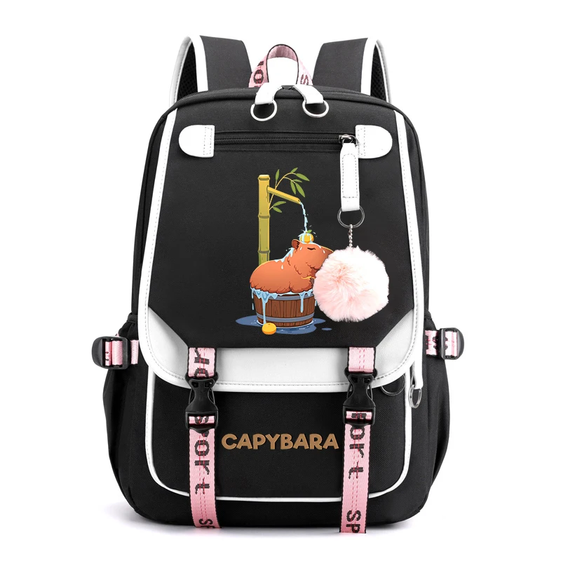 Cute Animal Capybara Printed Student Schoolbag Girls Black Backpack USB Travel Bag