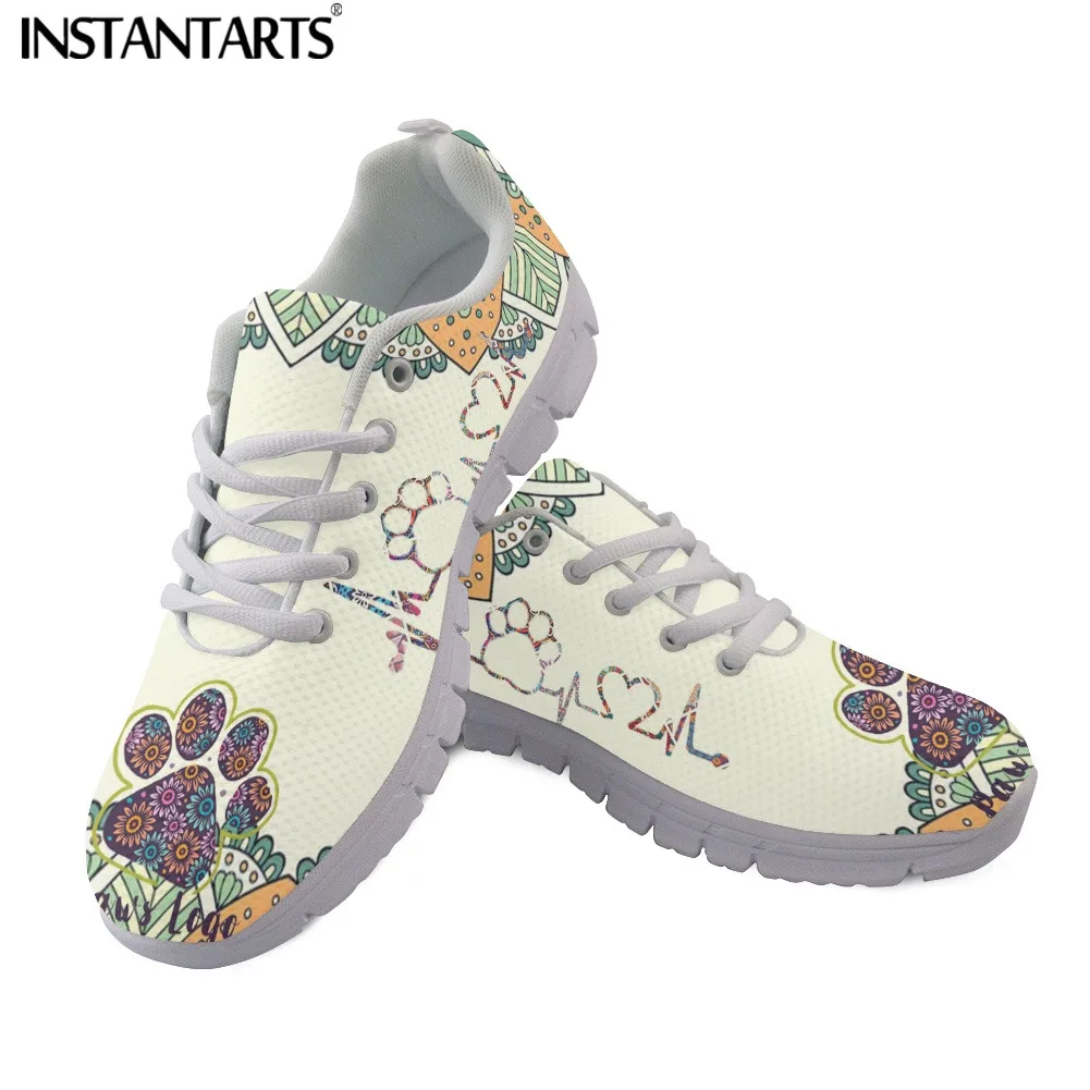 INSTANTARTS Bohemia with Dog Paw Pet Care Print Ladies Summer Flats Shoes Breathable Lace up Mesh Sneakers Lightweight Footwear