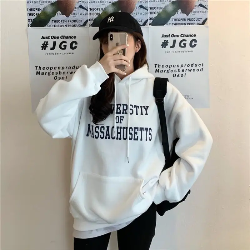 

American Style Long Sleeve Hooded Sweatshirt Fleece Lined for Women Casual Wear New Retro Letter Print Harajuku Style Hoodie