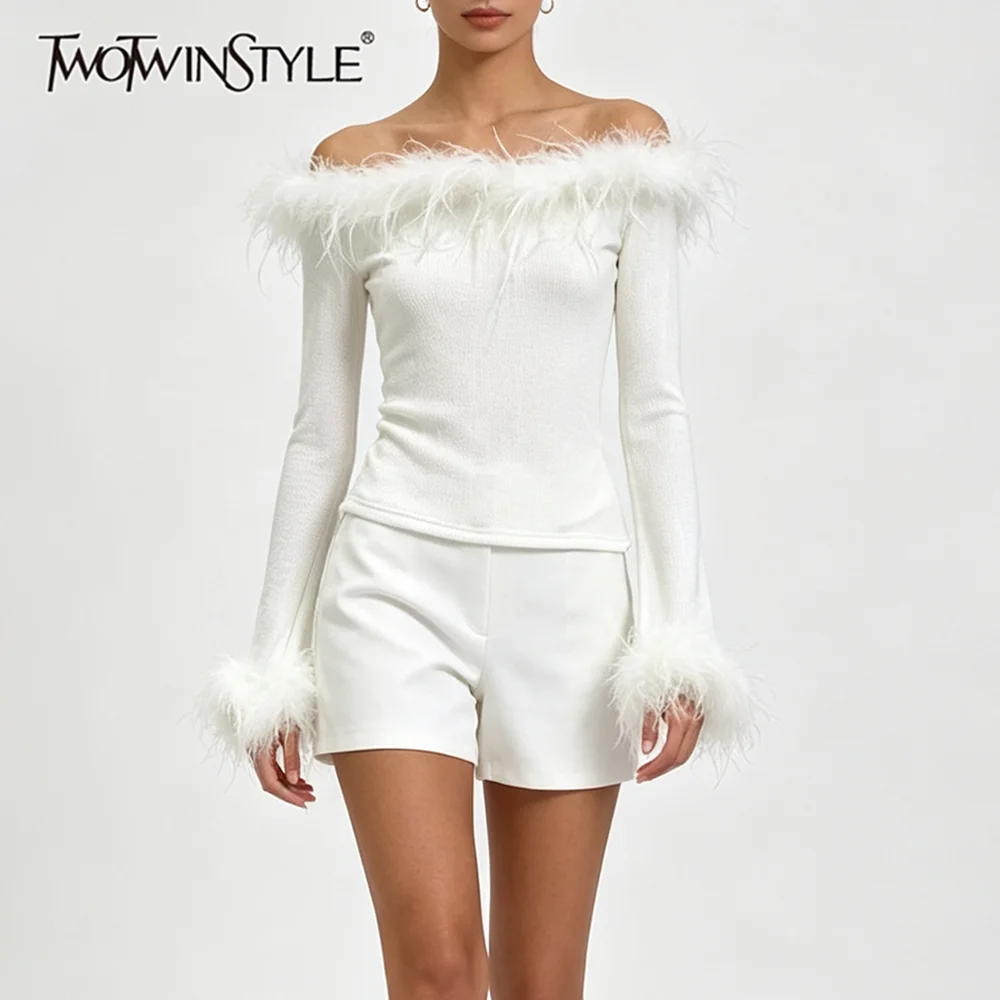 TWOTWINSTYLE Elegant Feather Trim Women T Shirts Slash Neck Long Sleeve Korean Basics T Shirt for Casual Outing Streetwear New