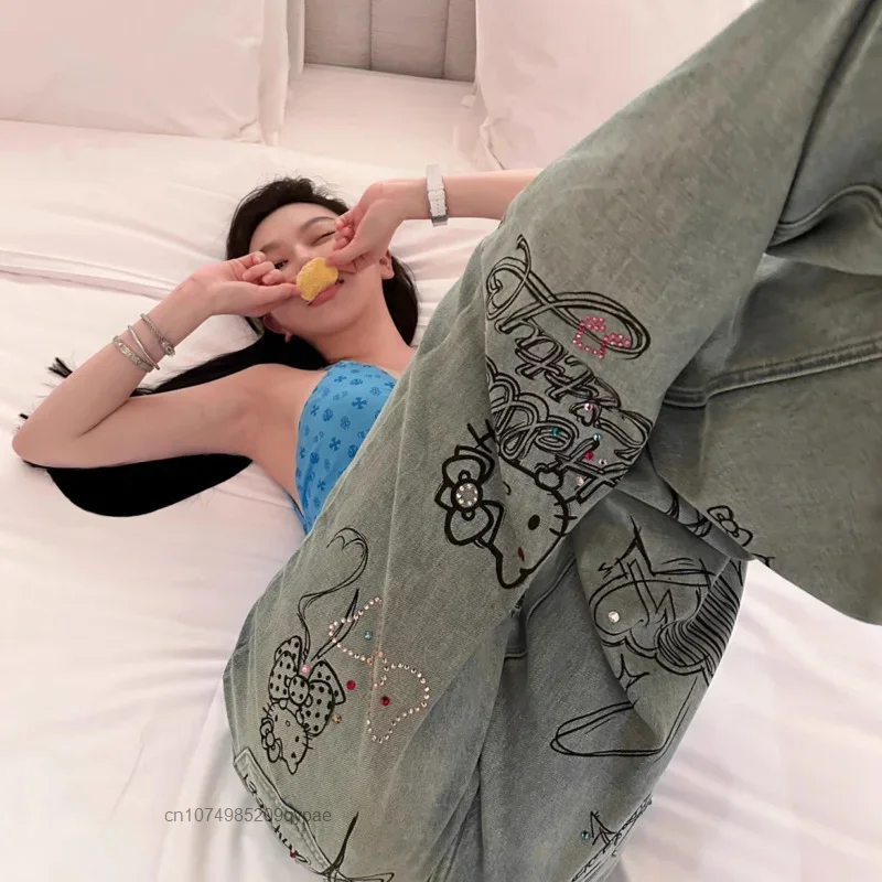 New Sanrio Hello Kitty Cartoon Graffiti Women Jeans Diamond High Street Y2k Cool Girl Denim Trousers Loose Casual Wide Leg Pants