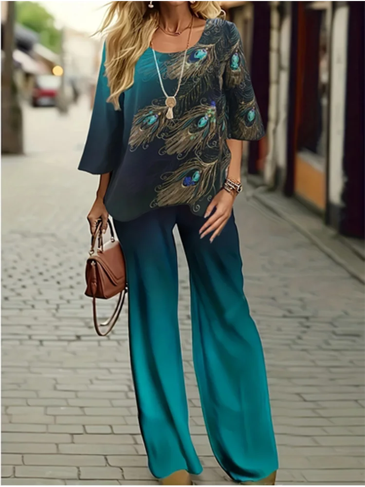 Woman 2 Piece Set Outfit Mid Sleeve Long Pants Set Women Summer Feather Print Fashion Streetwear 2000S Clothing Y2K