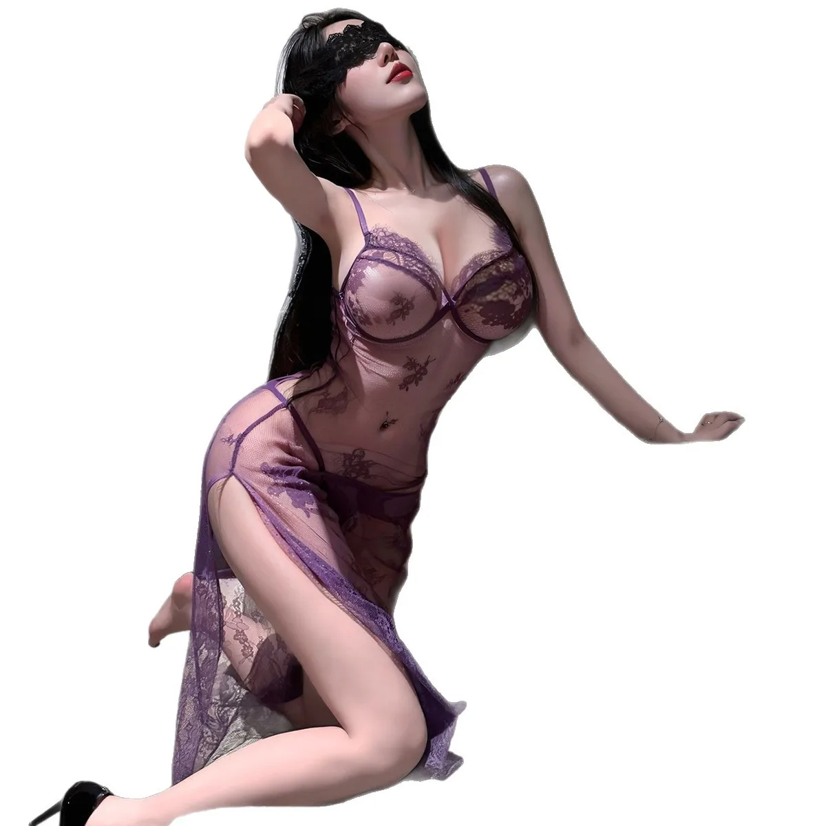 섹시하고 도발적인 보라색 캐미솔 잠옷, 작은 가슴과 레이스 슬릿 롱 스커트 섹시 코스튬 여성 핫 핫 란제리 8398