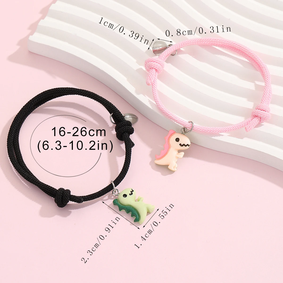 2-teiliges Set Leuchtendes Pfirsichherz Niedlicher Grüner Rosa Dinosaurier Anhänger Paar-Armband Modisches Handgewebtes Armband – Detail 8