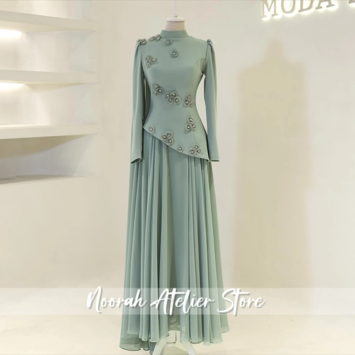 New 3D Flower Bead Elegant Muslim Women's Evening Dress 2025 Dubai Long Sleeves Celebrity Dress Crepe Gown Vestidos Customized