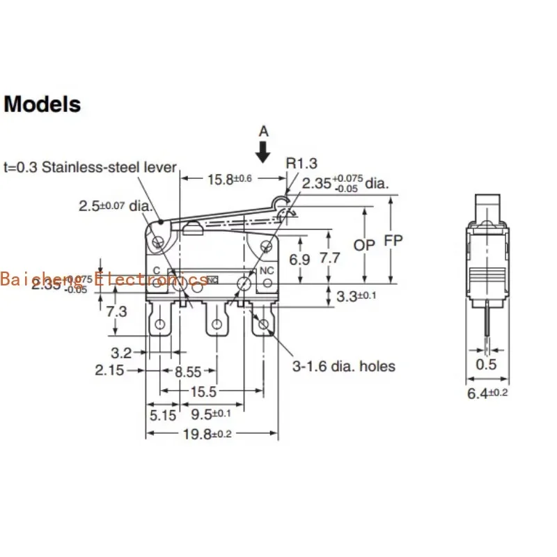 5PCS Waterproof and dustproof micro movement with handle R small micro stroke limit switch with wire lightly touched
