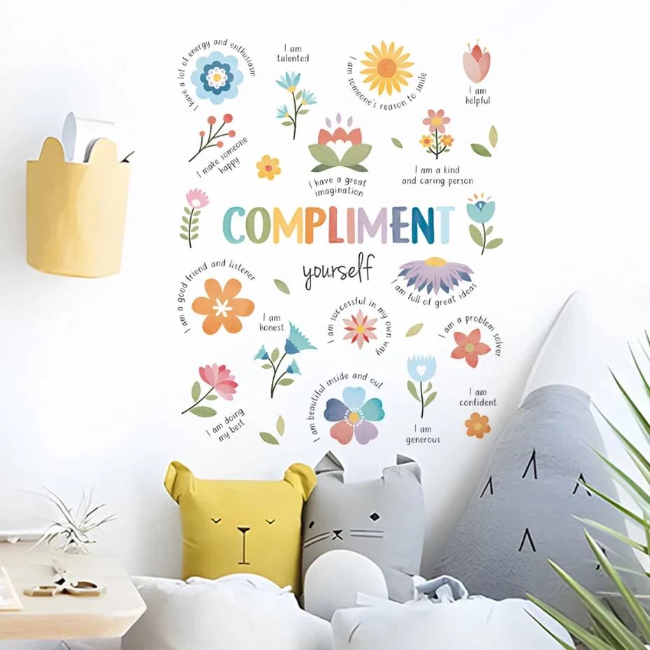 Autocollants muraux de compléments de fleurs arc-en-ciel colorées, Slogan de positivité et d'affirmation, sparadrap muraux intelligents et honnêtes pour chambre à coucher et salon