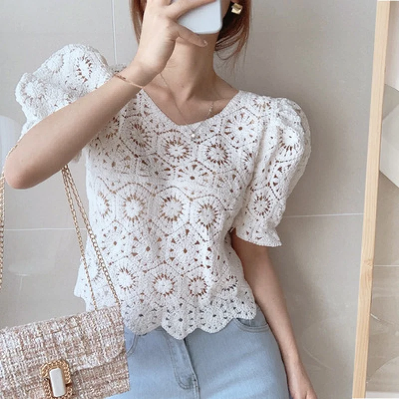 Exquisite Hollow-out Crocheted Wool Shirt 2024 Summer Slim Fit Slimming round Neck Short Thin Top