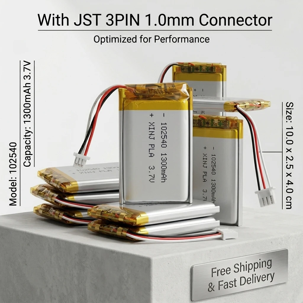 

102540 3.7V 1300mAh Li-Polymer Rechargeable Battery 3 Wires 3-Pin JST 1.0mm for DashCam Satnav GPS Driving Recorder Replacement