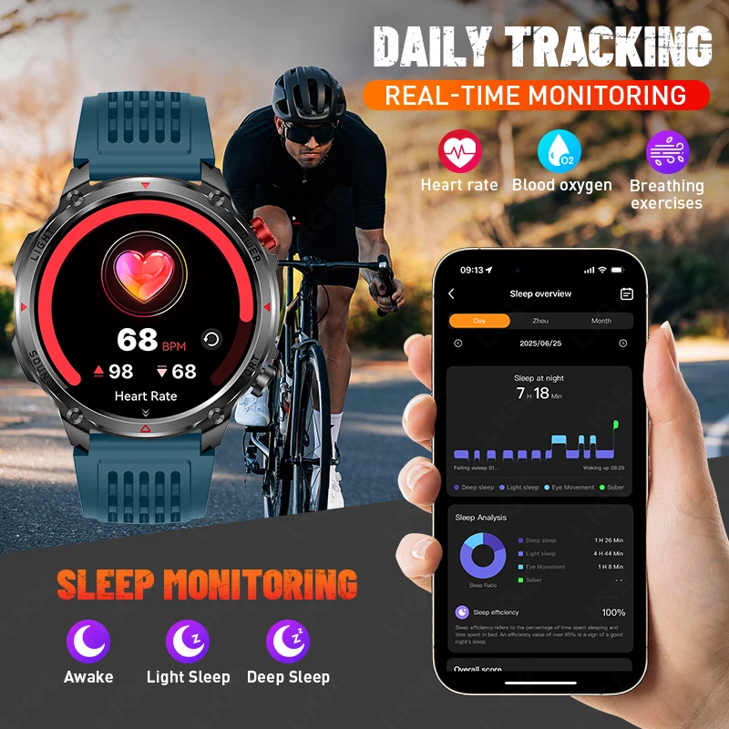 LIGE 2026 Men Women Smart Watch IP68 Waterproof 1.7-inch Flashlight Sports Alarm Clock Weather Custom Dial Clock for Android IOS