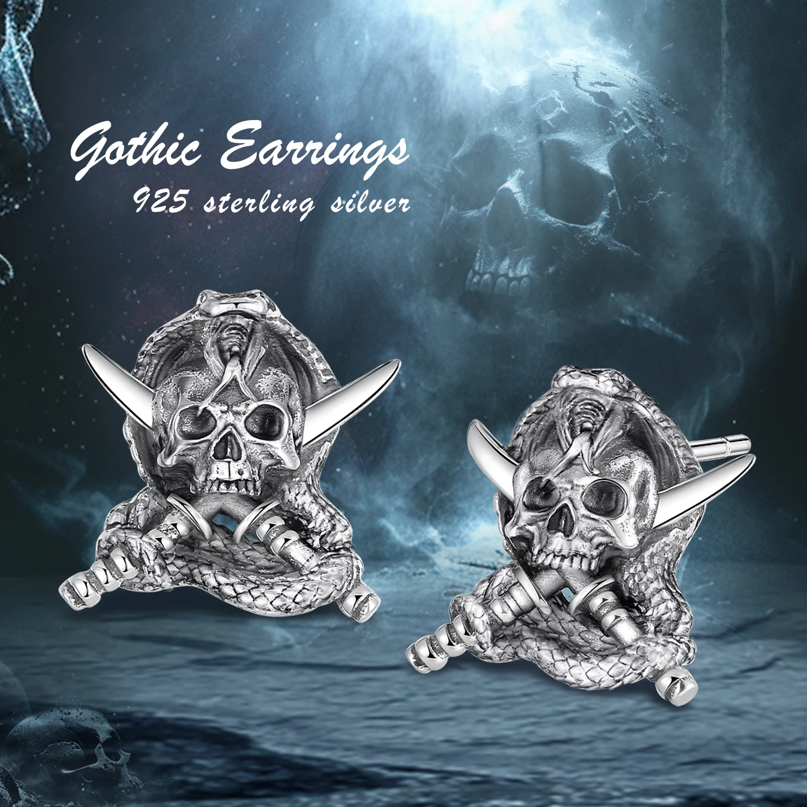 Eudora 925 Sterling Silver Punk Pirate Skull Stud Earring for Women Man Vintage Gothic Silver Jewelry Halloween Gift
