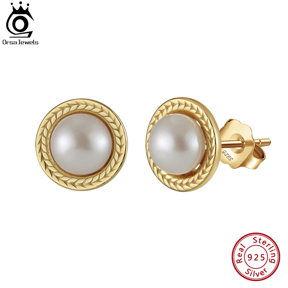 

ORSA JEWELS14K Gold Stud Earrings 925 Sterling Silver Natural Pearl Earrings for Women Fashion Party Ear Stud Jewelry GPE98