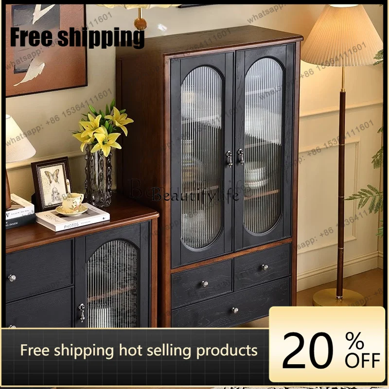 JJ -French retro solid wood glass wine cabinet small apartment living room display storage household side cabinet