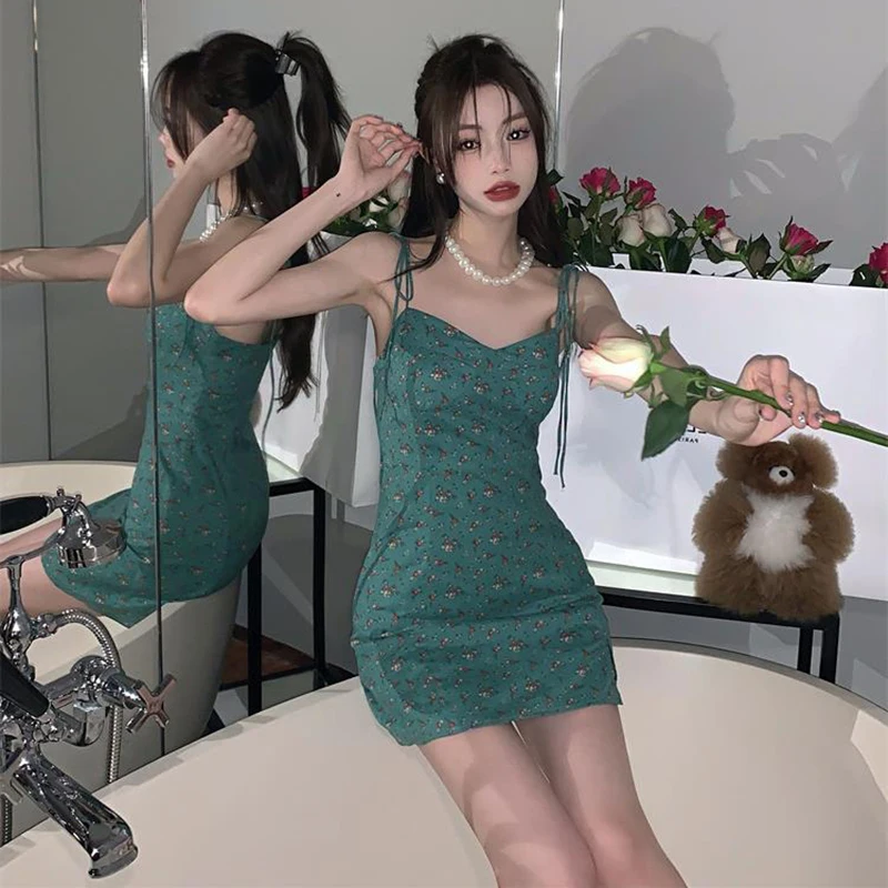 

Y2K Floral Dresses Women Summer A-line Mini Lace-up High Waist Sexy Girls Korean Style Dress
