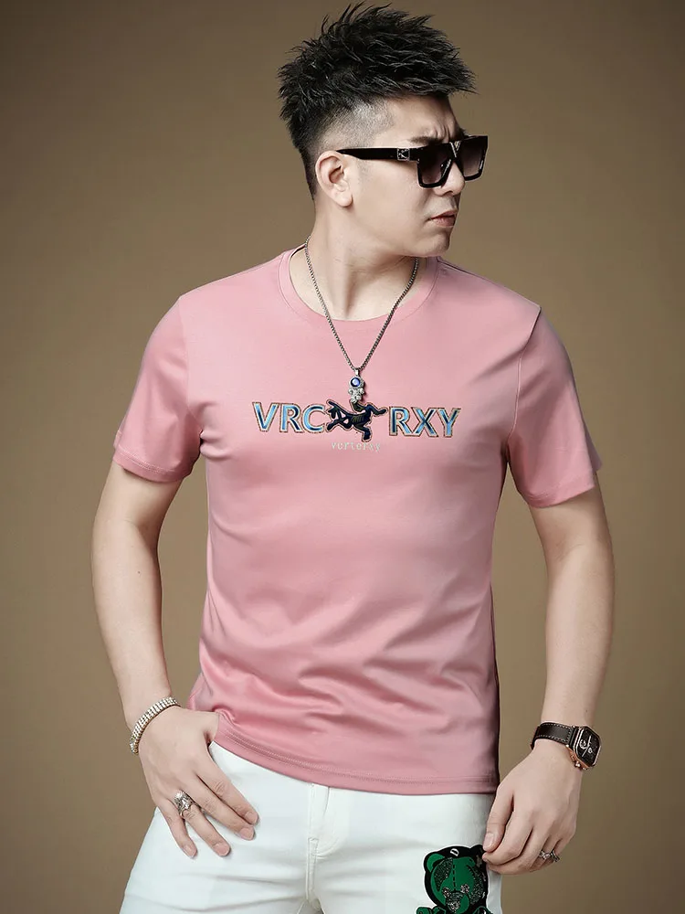 

Men's round Ne ort Sve T-irt Long Staple Cotton Ice Silk Rhinestone Printed Slim Fit Summer Faion Casual Top