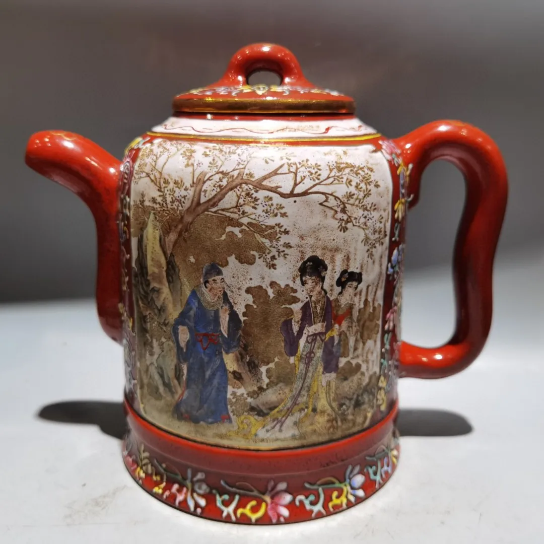 Yixing Purple Clay Teapot Outline in gold Painted Character Story Pattern Enamel pot  Kettle Teapot