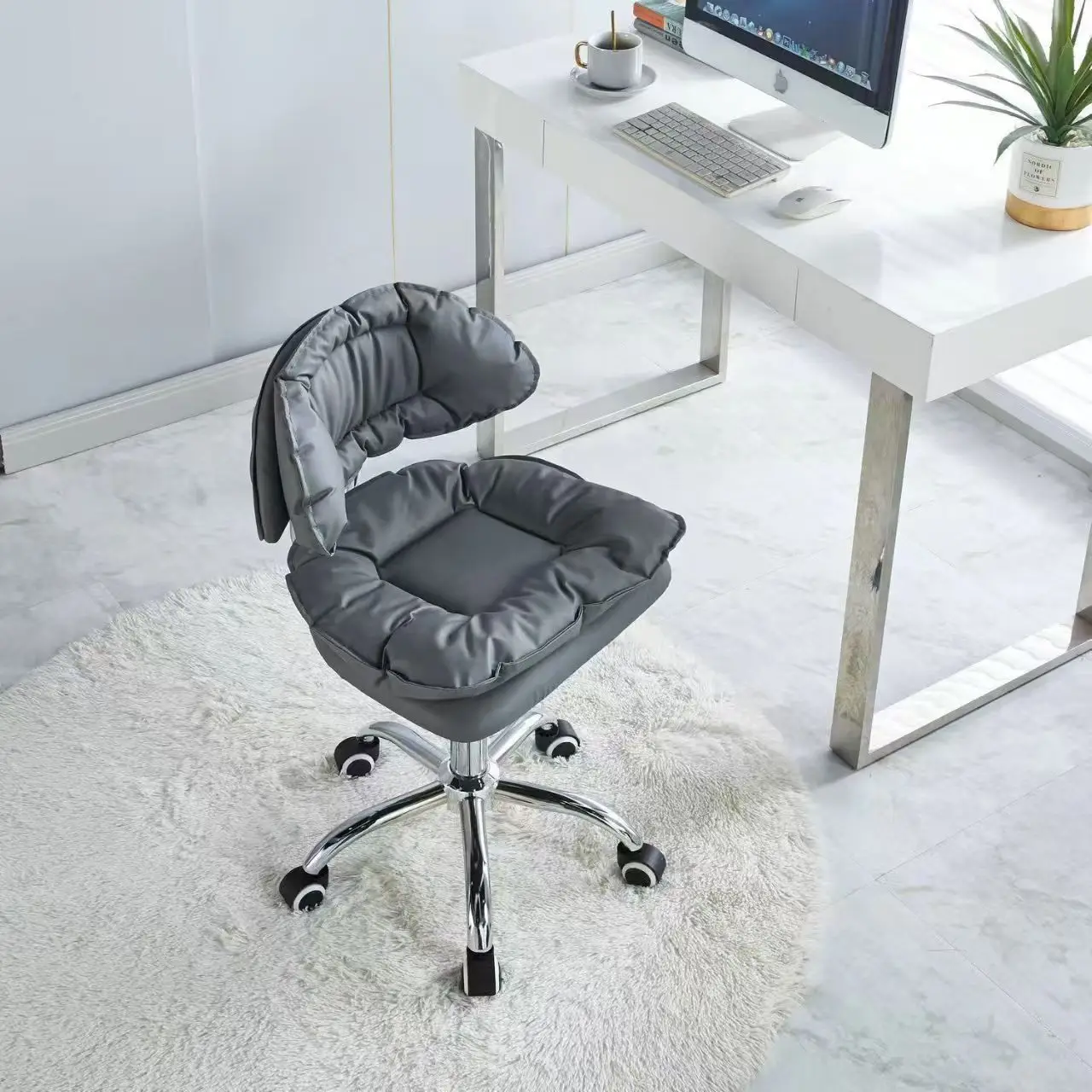 Adjustable Swivel Office Chair Gray PU Leather Soft Padded Compact Backrest Rolling Casters Chrome Base For Home Office Study