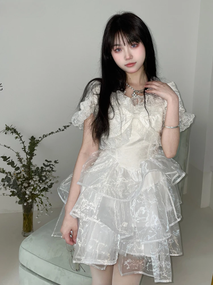 Vestido Lolita Fofo para Mulheres e Meninas, Renda Japonesa, Babados, Super Mini Vestidos, Malha, Festa da Princesa, Kawaii, Doce, Lolita