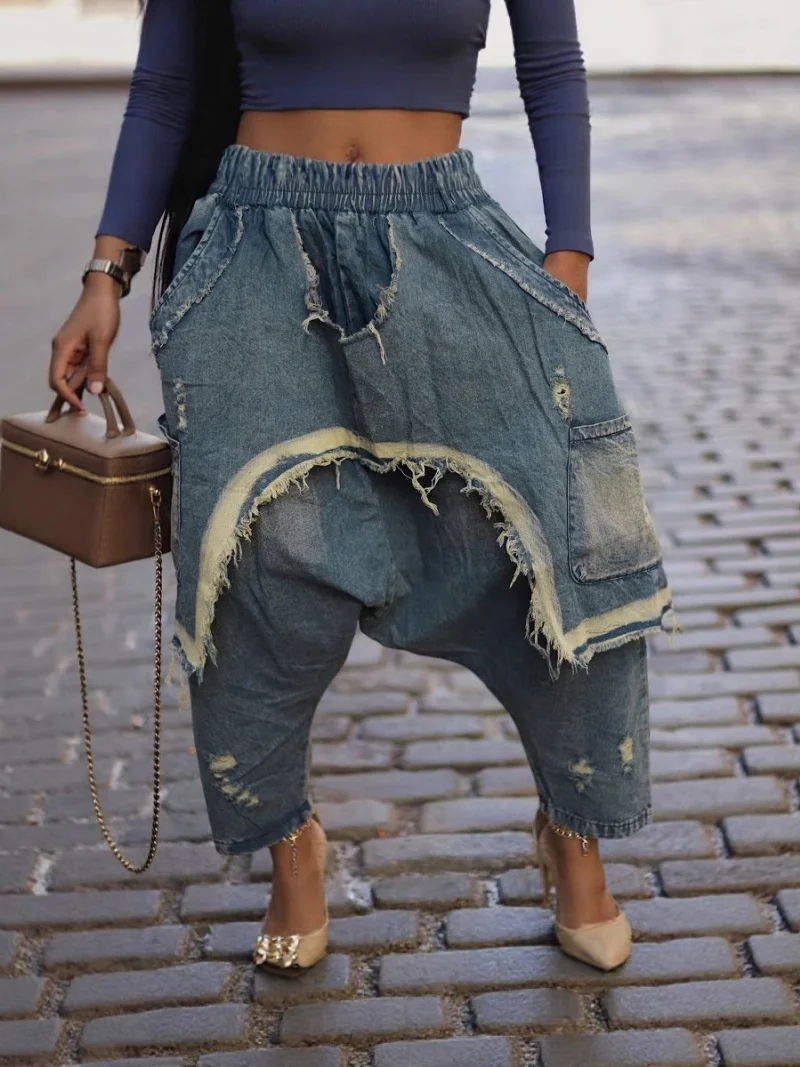 

Streetwear Ripped Out Holes Denim Pants Autumn Clothing Women Casual Loose Cargo Harem Jean Trousers Safari Style Hip-Hop Jeans