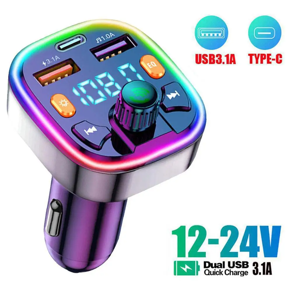 

Car 5.0 FM Transmitter PD Type-C Dual USB 3.1A Fast Player Modulator Handsfree Light Colorful MP3 Charger Ambient Z2L1