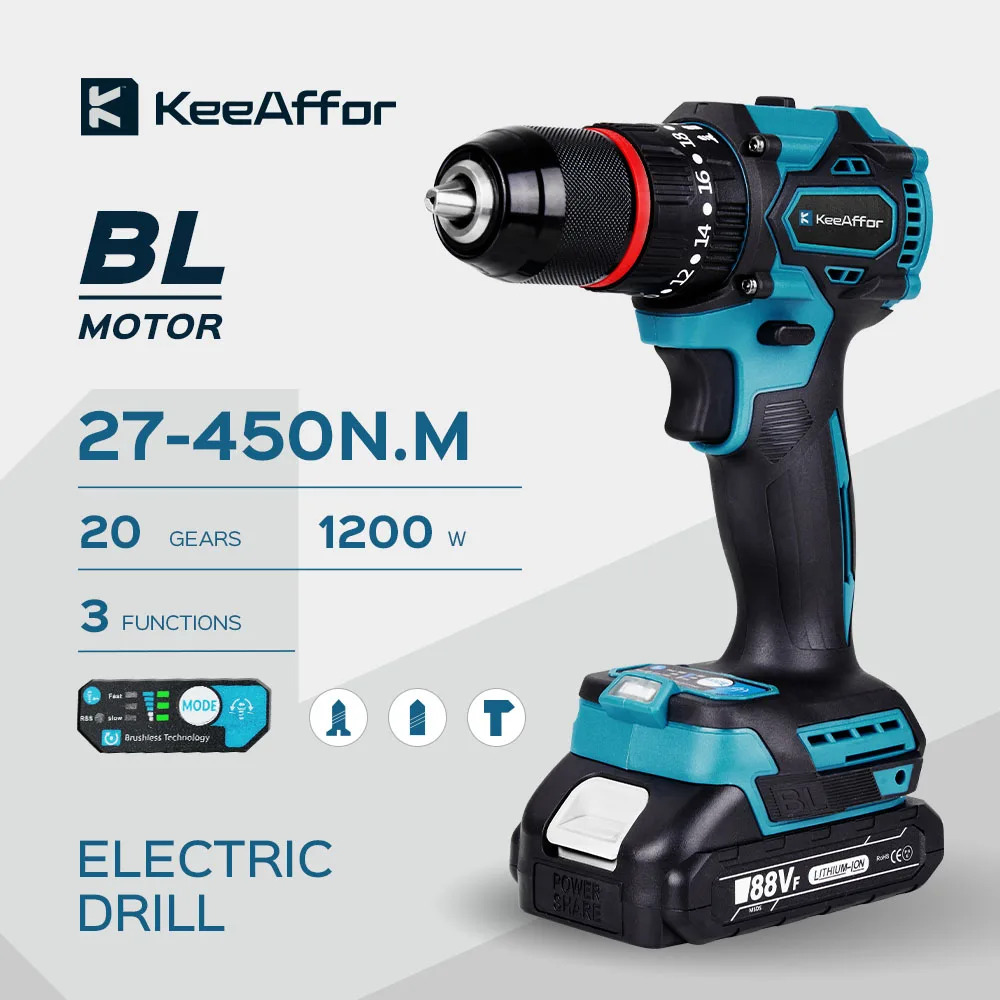 

KEEAFFOR 1200W 450NM Torque Brushless Electric Impact Drill 20Gears Electric Screwdriver Cordless Tools For Makita 18v Battery