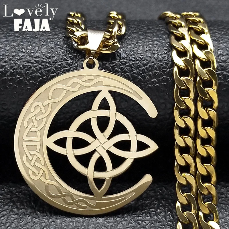 Stainless Steel Crescent Moon Witch's Knot Celtic Necklace for Women Men Amulet Necklaces Jewelry collares aesthethic N3001GD