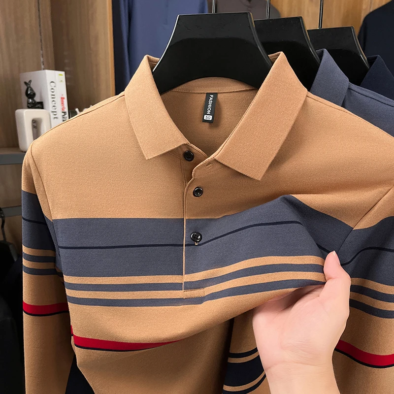 

Мужская новая осенняя футболка с длинными рукавами. Высококачественная рубашка поло с воротником-стойкой и полосками. Модная повседневная мужская одежда.