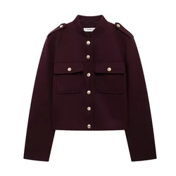 Elegant Women's Burgundy Jacket Fashion Vintage Single Breasted Full Sleeve Pocket Coat 2024 Autumn Winter Lady Office Outwear