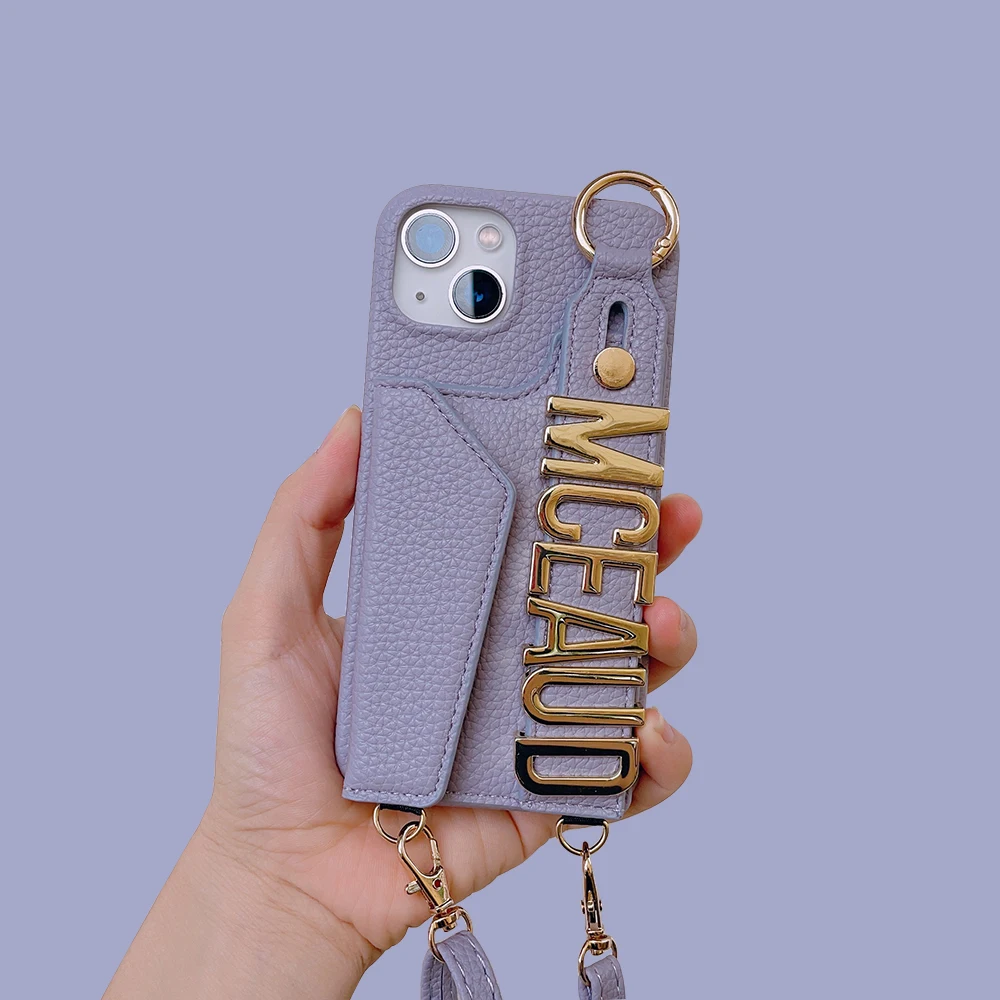 Customized Metal Name Letter Personalized Initial Leather Case For Iphone 14 13 12 11 Pro Max Shoulder Rope With Card Cover