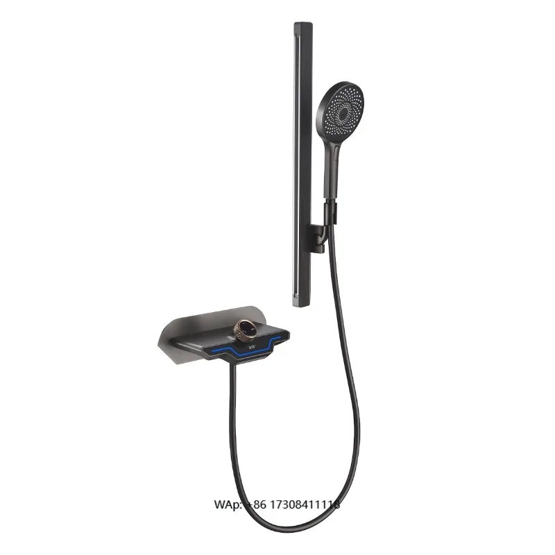 

Solid Brass Rain Hand Shower Set Wall Mounted Digital Display Waterfall Bath Shower Faucet Set Bathroom with Slider