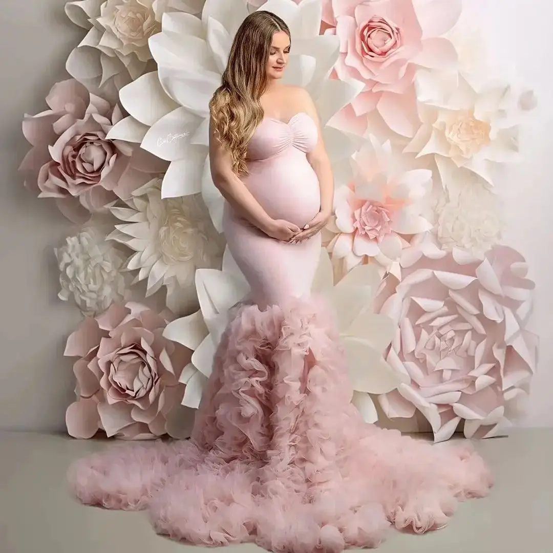 Glamorous Pink Maternity Robes Tiered Ruffles Sleeveless Pregnant Women Photography Dresses Puffy Customized Baby Shower Gowns