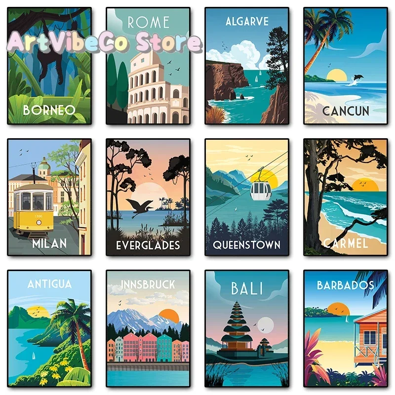 Travel Illustrated Canvas Painting Carmel Milan Bali Rome Venice Scenery Posters Prints Wall Art Picture Living Room Home Dec