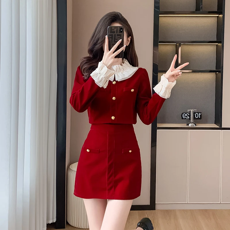 Women's Lace Collar Red Suit Jacket Skirt 2023 Autumn and Winter Fashion Age-reducing Color Matching Coat Skirt Two-piece Set