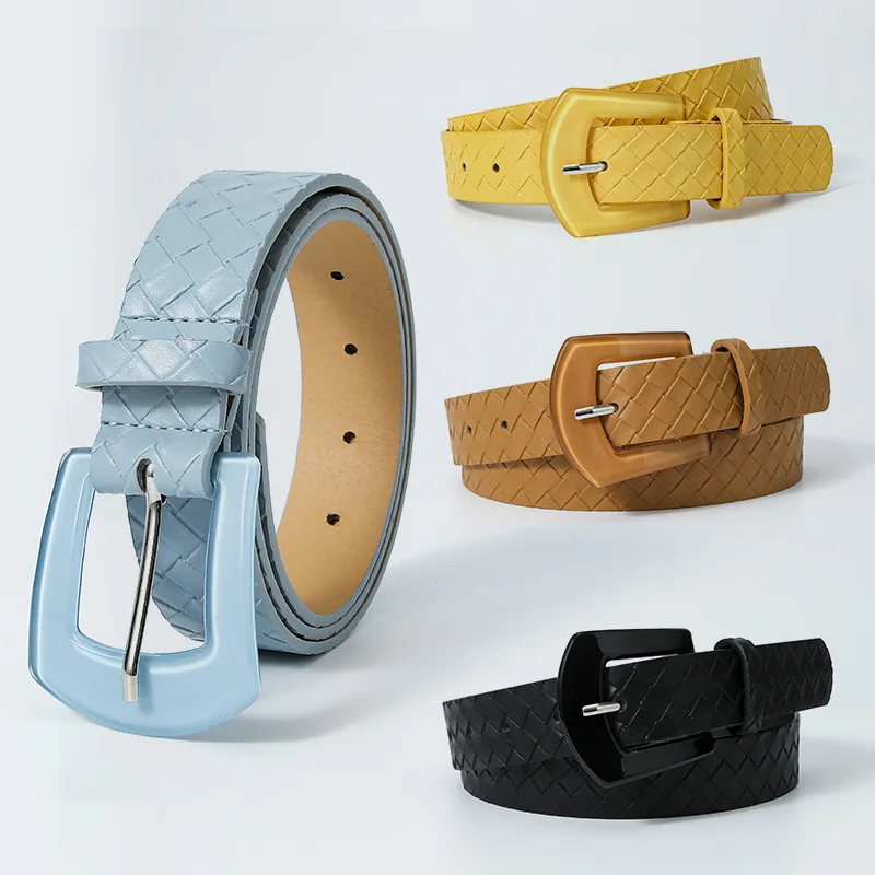 

New Style Belt Resin Pin Buckle Ladies Imitation Braided Straw Mat Pattern Female Versatile Fashion Simple Dress Belt Girls