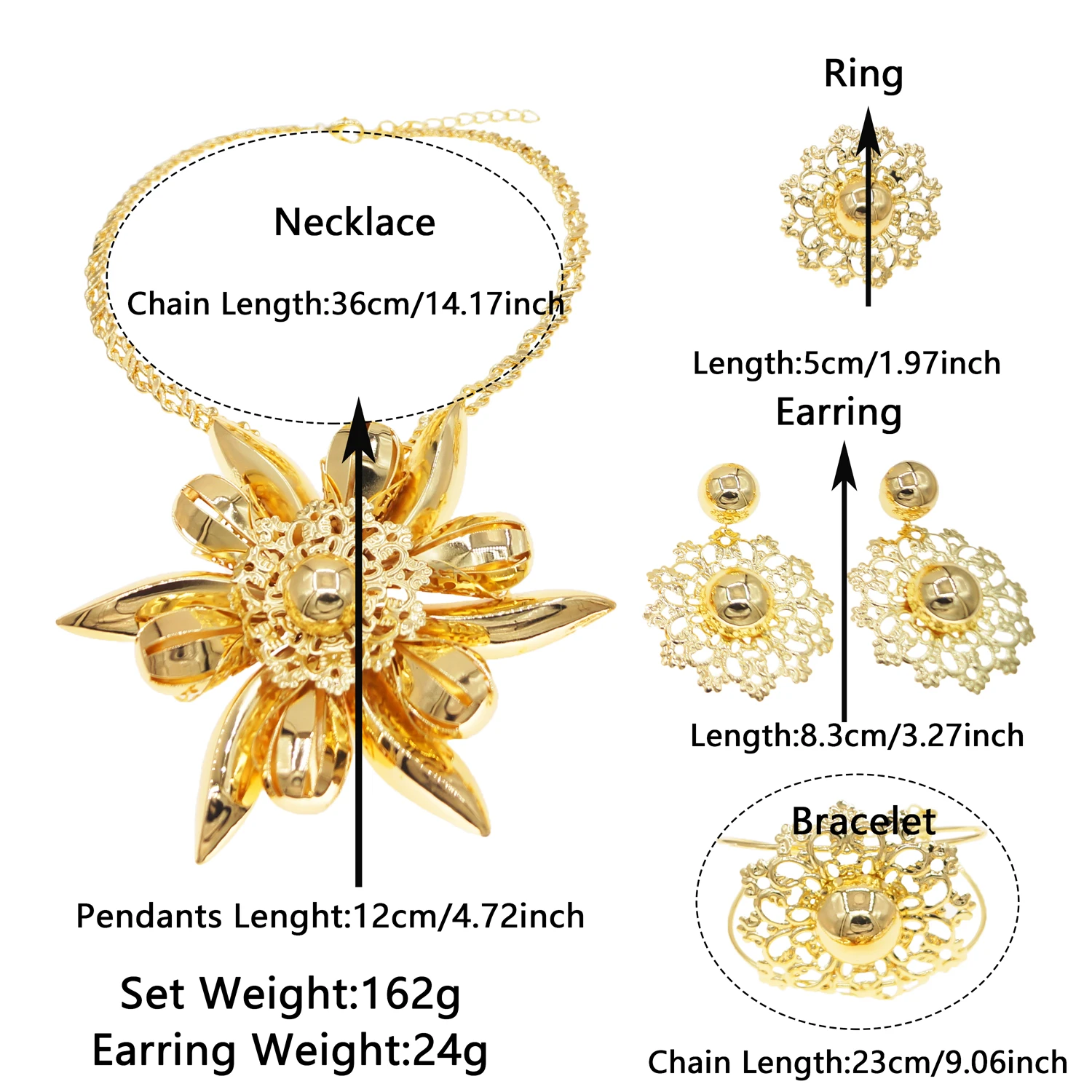 High Quality Light Weight Gold Plated Jewelry Set for Women Big Flower Pendant Necklace African Party Accessories