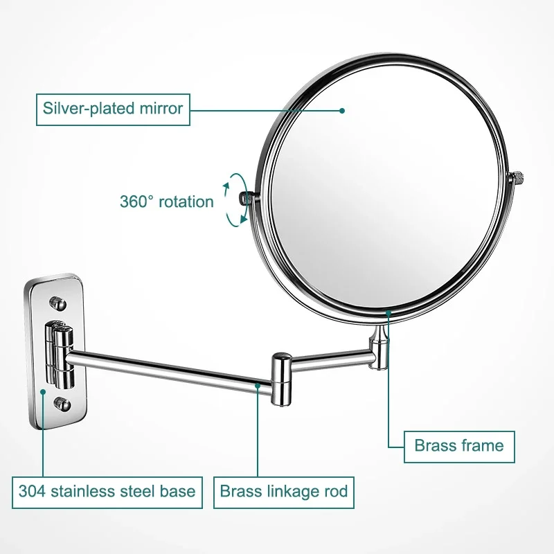 6/8 Inch Telescopic Fold Magnify Beauty Mirror Bathroom Wall-mounted Makeup Mirror Double-sided Rotate Makeup Mirror