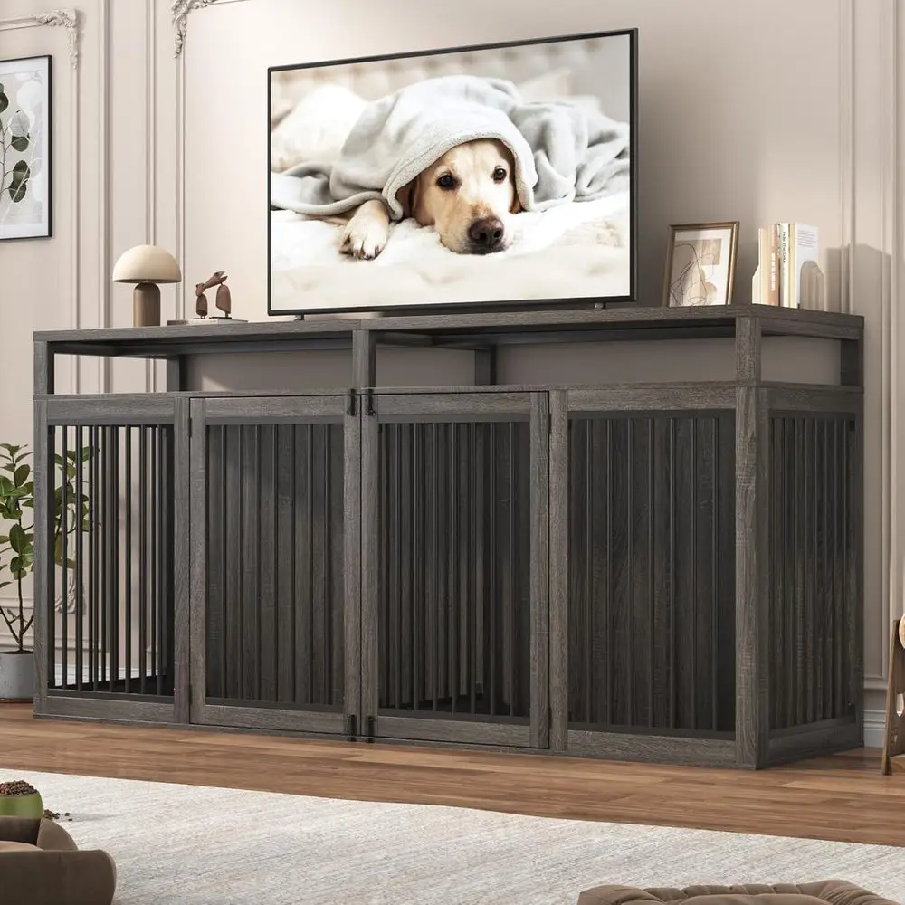 

Wooden Dog Crate TV Stand, 87 Large Kennel Furniture for Two Dogs, Solid Metal & 4 Lockable Doors, Grey
