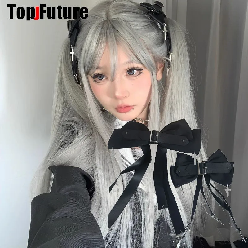 Gothic Lolita cosplay Y2K girl Harajuku Girl women bow rivet buckle pins Punk cross Streetwear hairpin punk bow pins hair pin