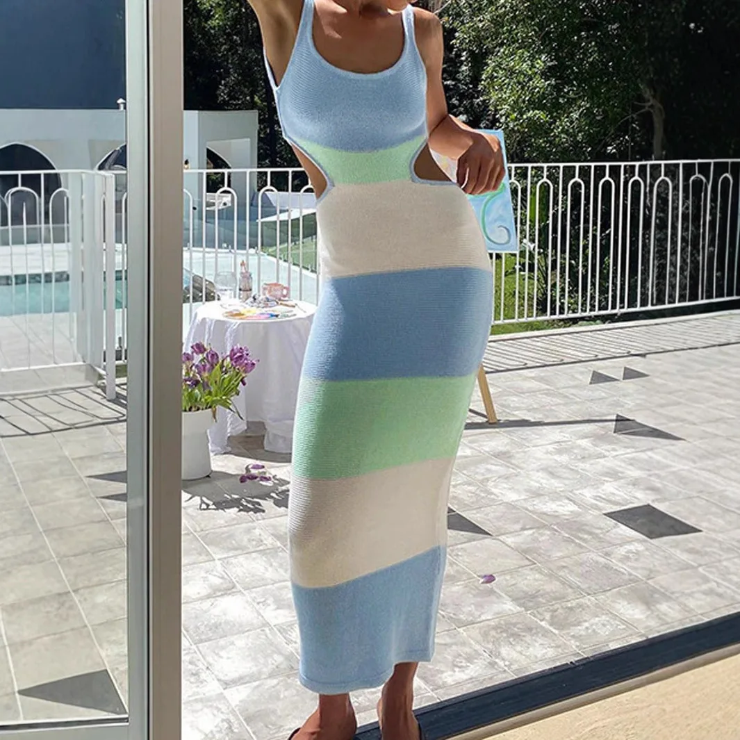 

New Colorful Striped Contrast Sleeveless Backless Tie Slim Vacation Beach Knitted Dress 2025 Summer Dress Robe Vestido Women