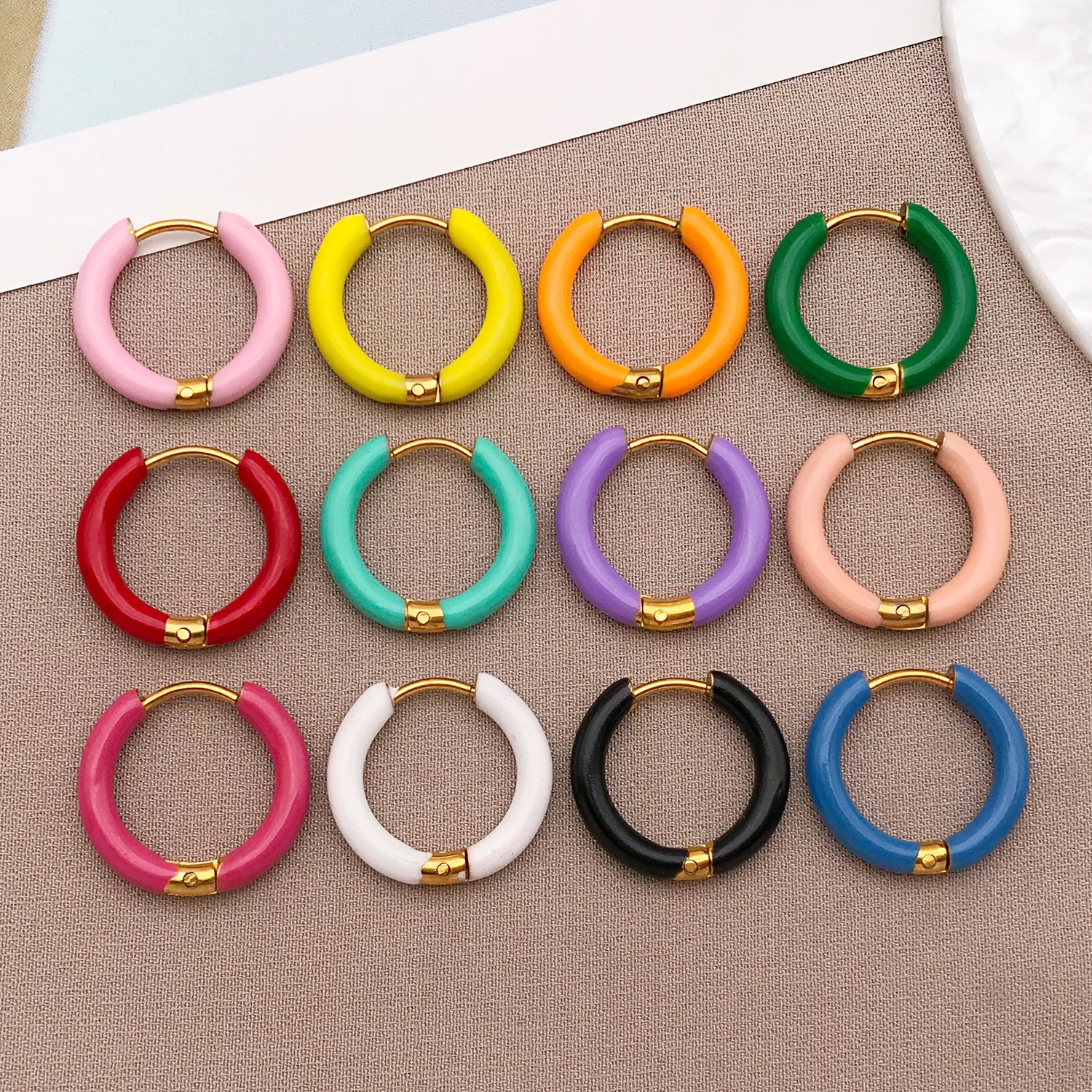 2pcs 16x17mm Women Fancy Candy Color Enamel Hoop Earrings Sweet Summer Hoop  Earrings Settings Stainless Steel Jewelry Supplies