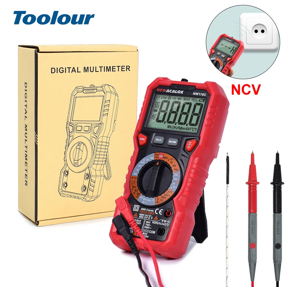Toolour Professional Digital Multimeter NCV AC/DC Current Meter Voltage Resistance Meter Capacitance Temperature Tester with LED