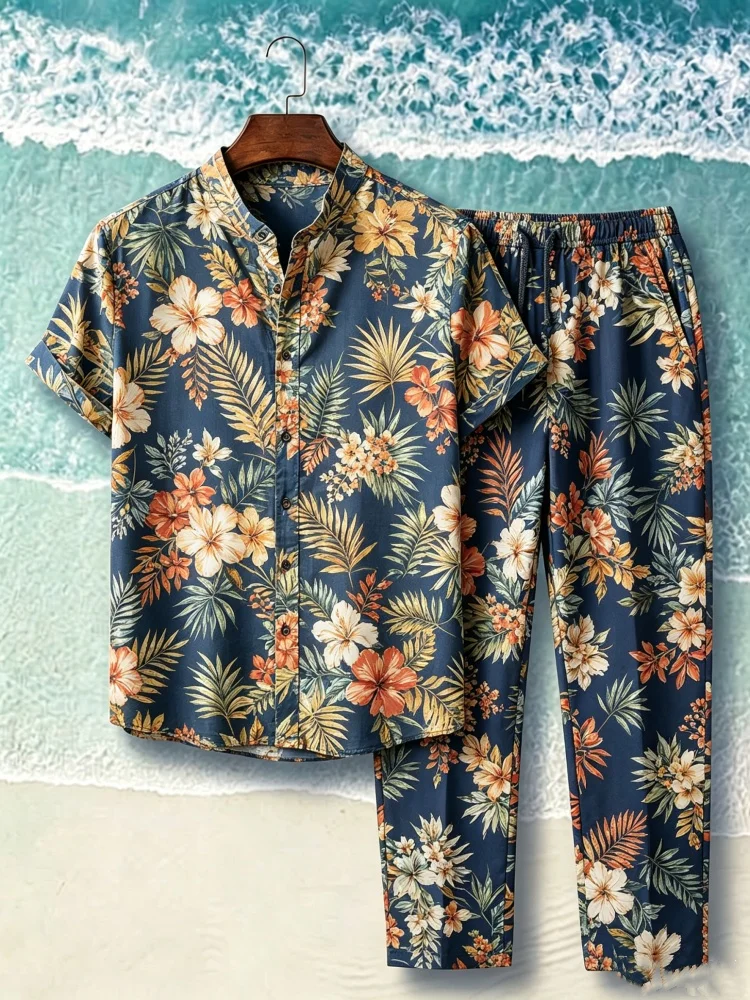 

Men Tropical Floral Leaf Print Stand Collar Short Sleeve Shirt Drawstring Elastic Waist Long Pants Beach Two Piece Outfit Set